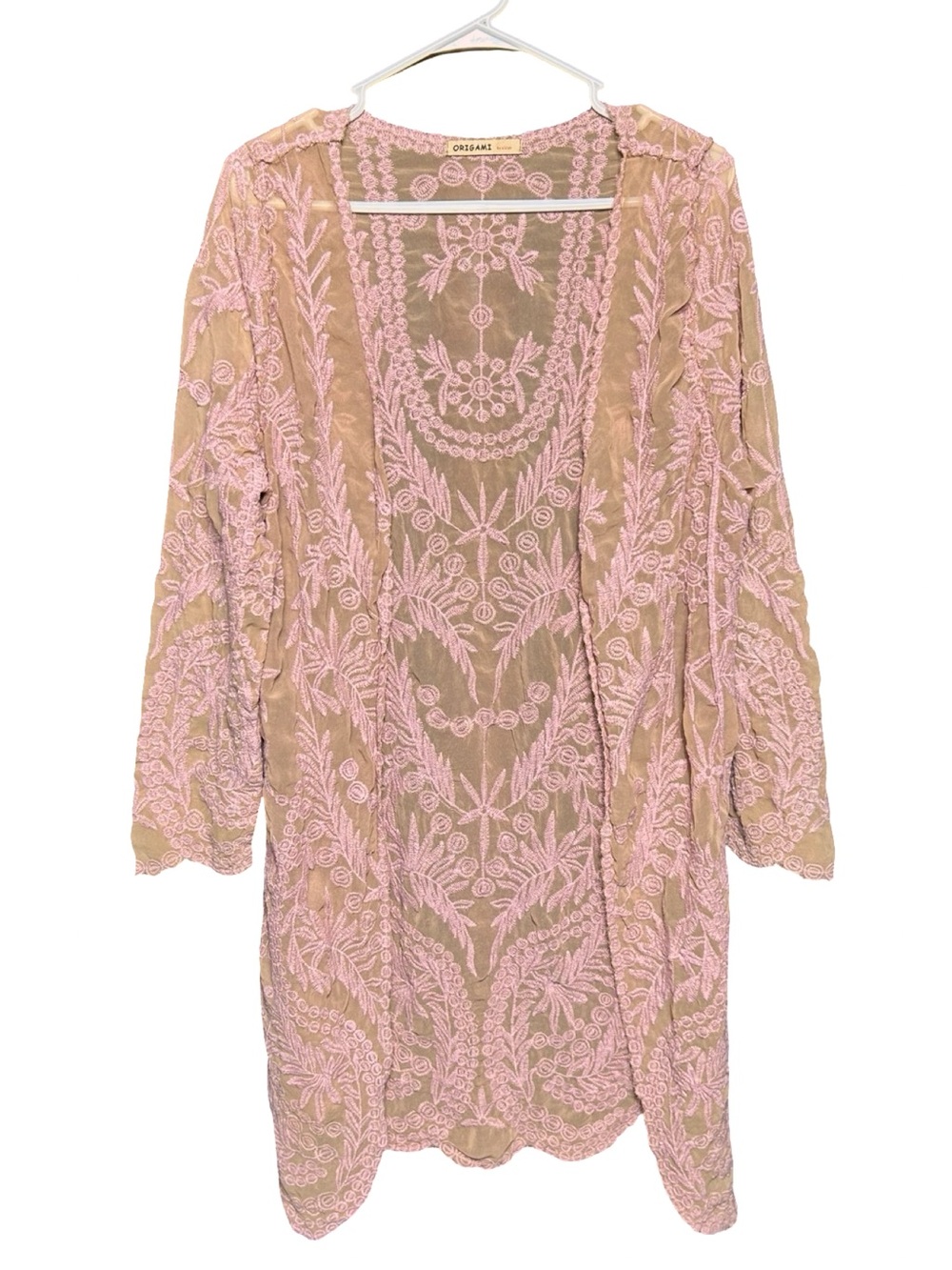Origami Pink Floral Embroidered Sheer Mesh Boho Duster Cardigan Kimono